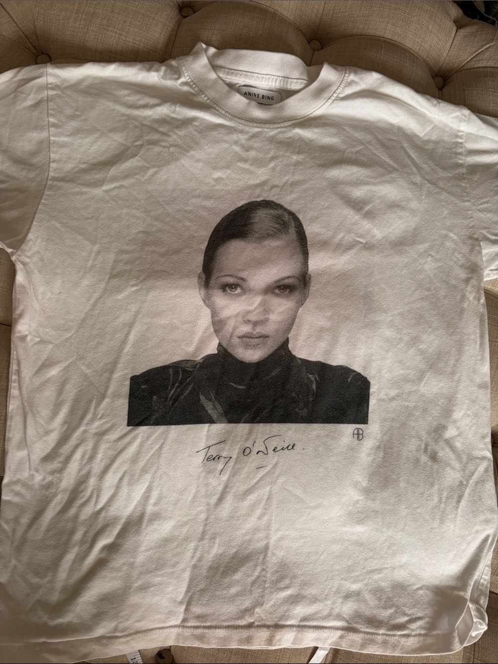 Anine Bing White Short-Sleeve Graphic Tee with Monochrome Portrait